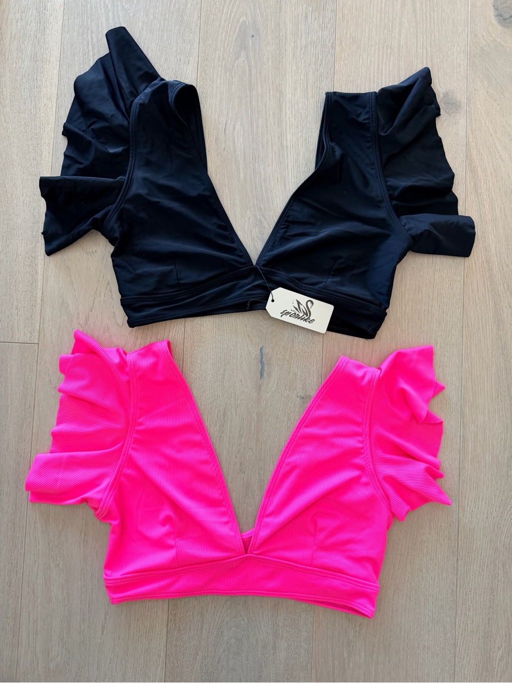 Ruffled V-Plunge Bikini Tops - Black & Neon Pink